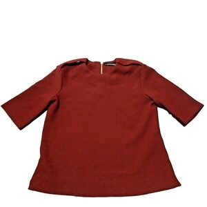 Zara Women Top Blouse 3/4 Sleeves Pullover Red Crew Neck 1/4 Zip Size M